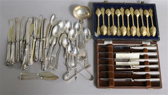 Two cased sets and a small quantity of assorted silver flatware including teaspoons, butter knives and sauce ladle.